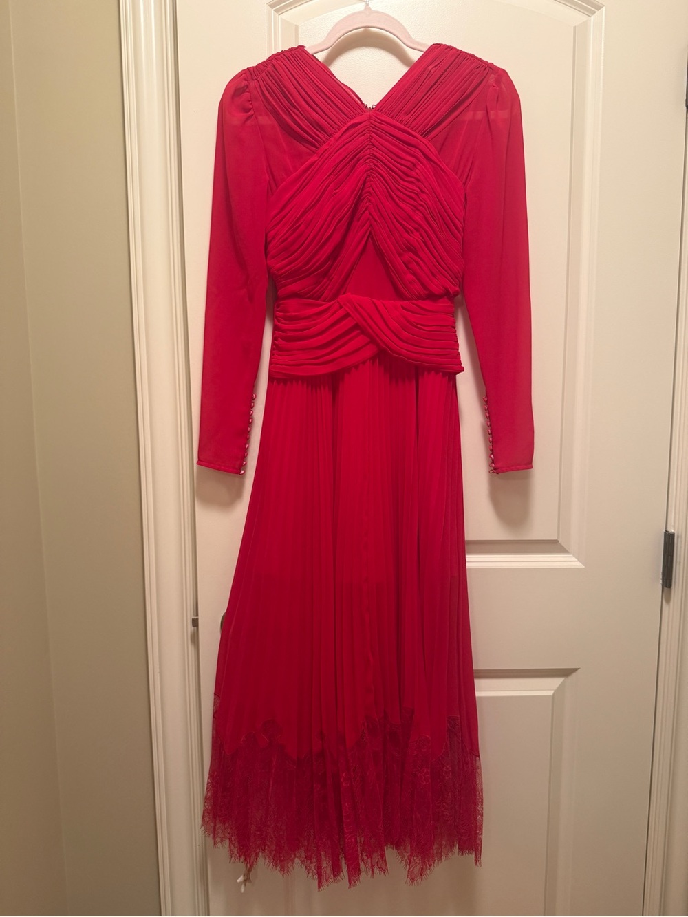 Elegant Red Self Portrait Pleated Midi Dress